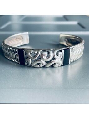 Vintage Filigree Ornate Onyx Sterling Silver Braided Dotted Cuff Bracelet